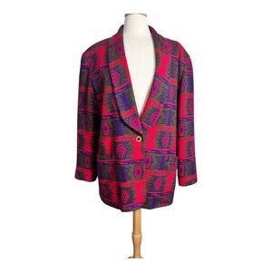 Vintage Joyce Blazer Jacket Women 16 Southwestern Aztec Red Purple Shawl Collar